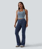 Mid Rise Tummy Control Flare Casual Jeans with Pockets — Estate Blue Denim — view 6