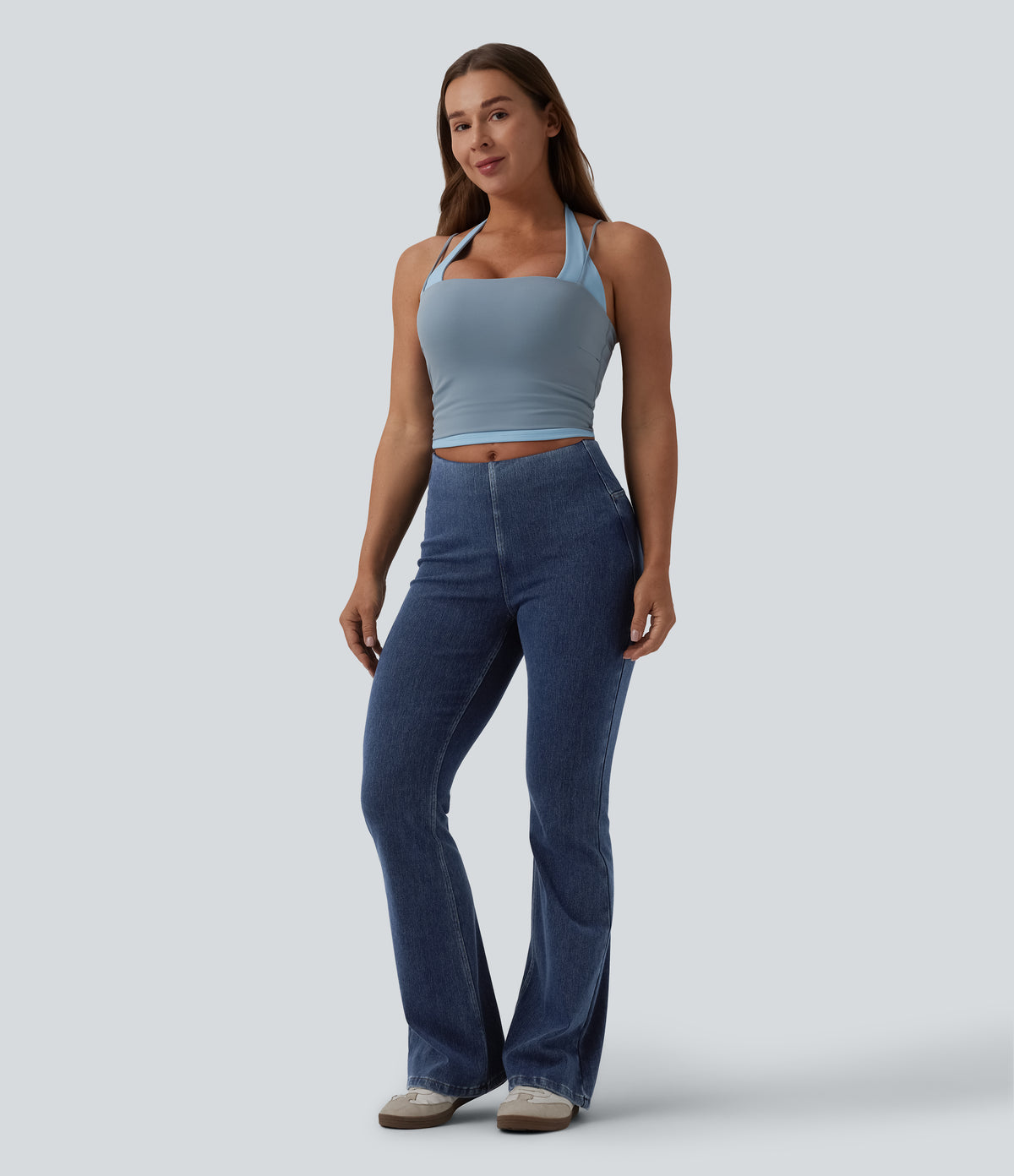 Mid Rise Tummy Control Flare Casual Jeans with Pockets — Estate Blue Denim — view 6