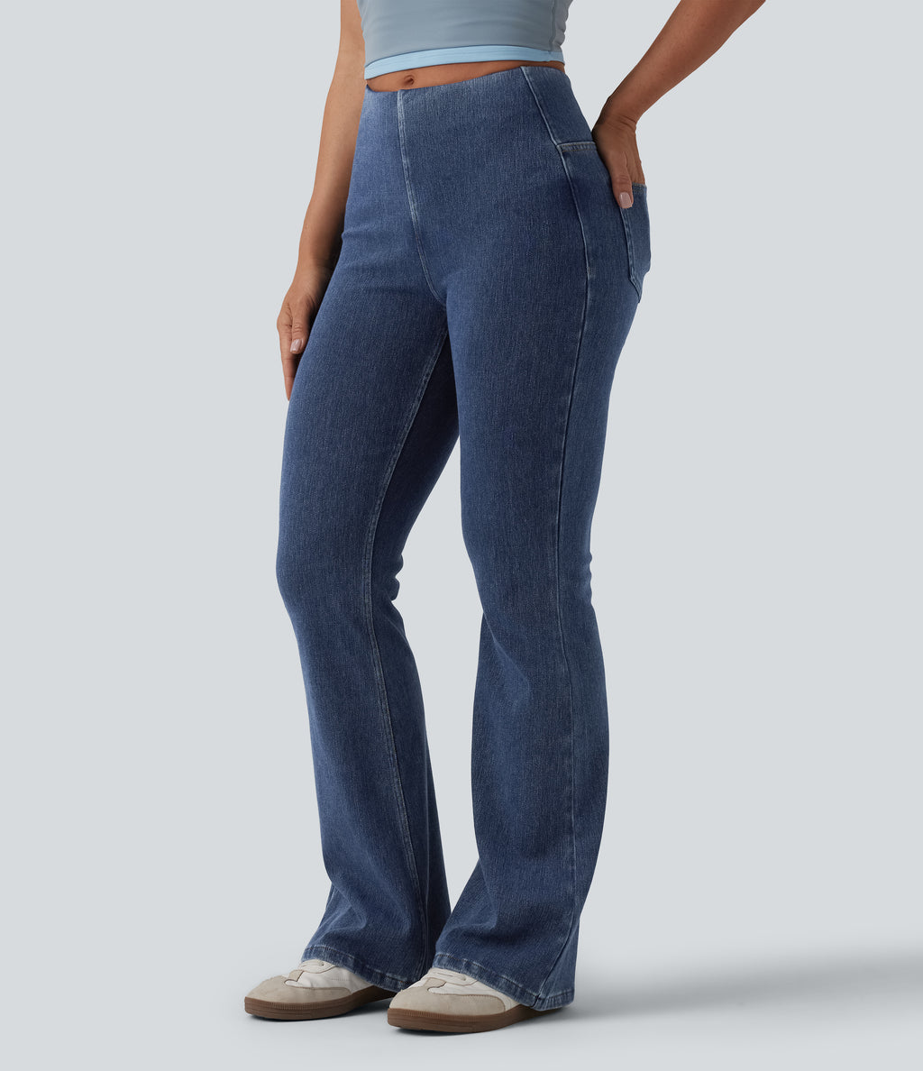 Mid Rise Tummy Control Flare Casual Jeans with Pockets — Estate Blue Denim — view 3