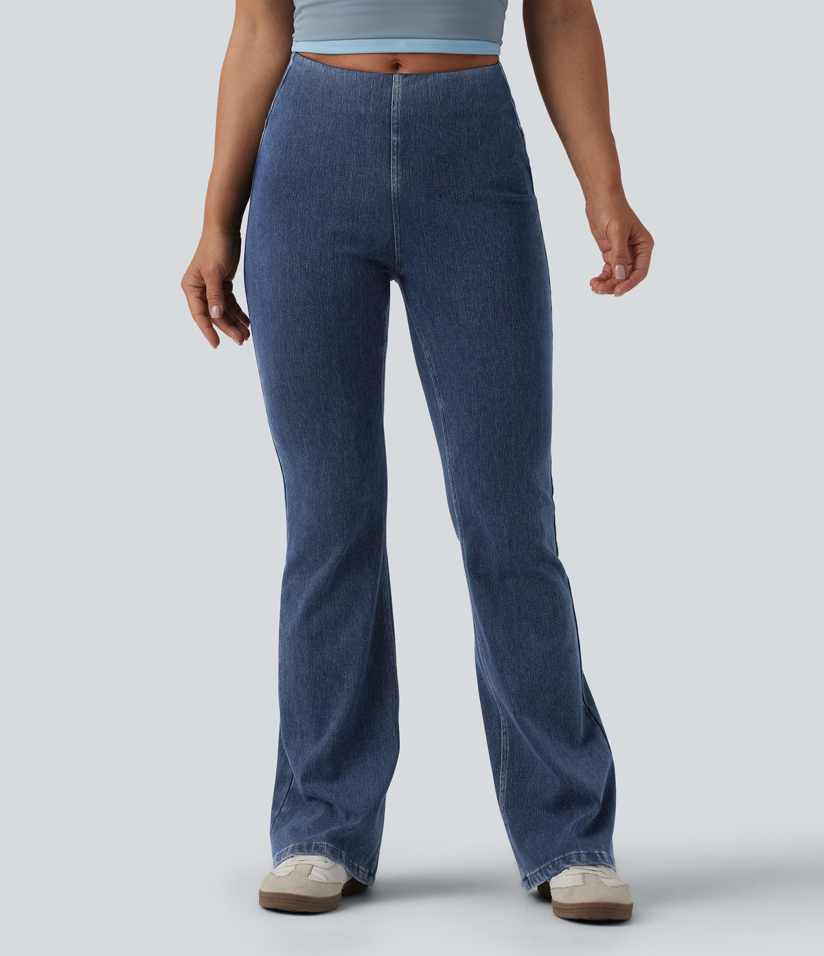Mid Rise Tummy Control Flare Casual Jeans with Pockets — Estate Blue Denim — view 2