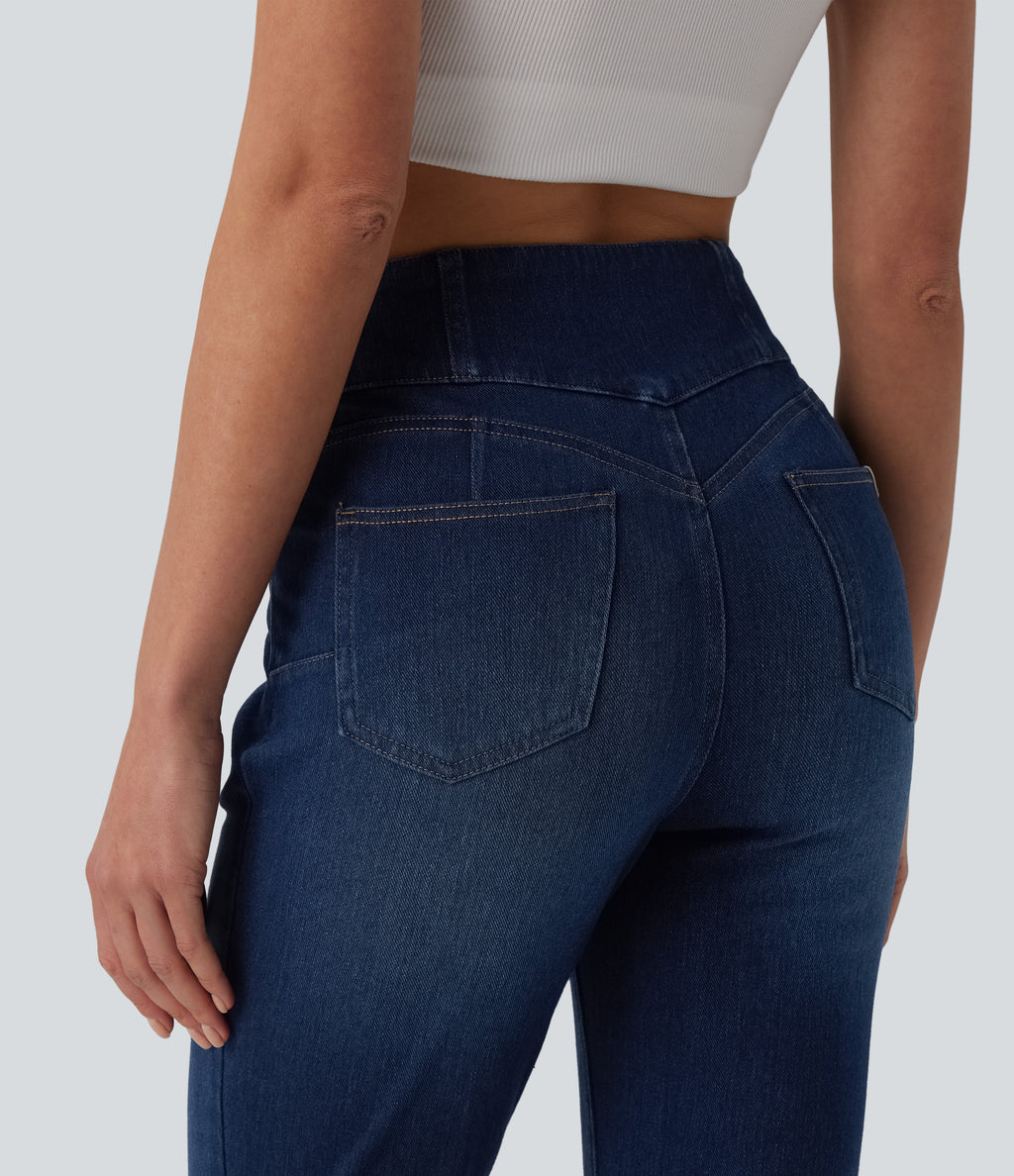 High Waisted Bootcut Denim Casual Leggings with Pockets — Pageant Blue Denim — view 5