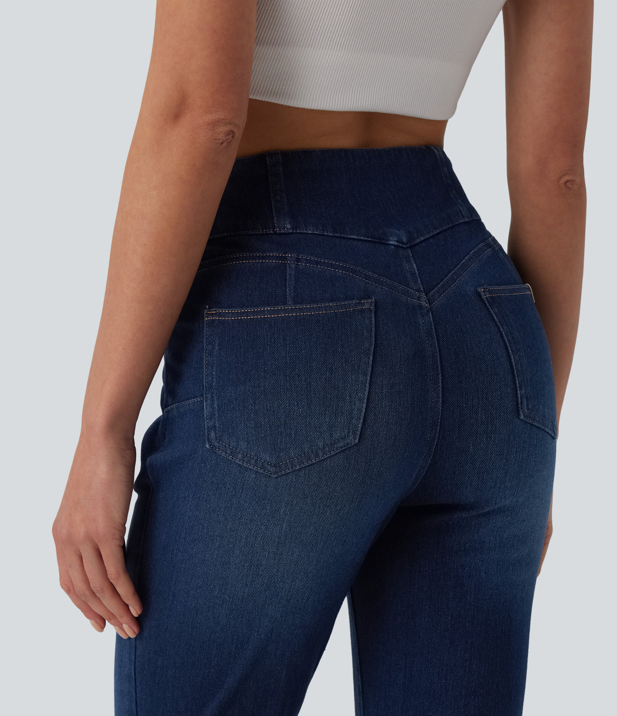 High Waisted Bootcut Denim Casual Leggings with Pockets — Pageant Blue Denim — view 5