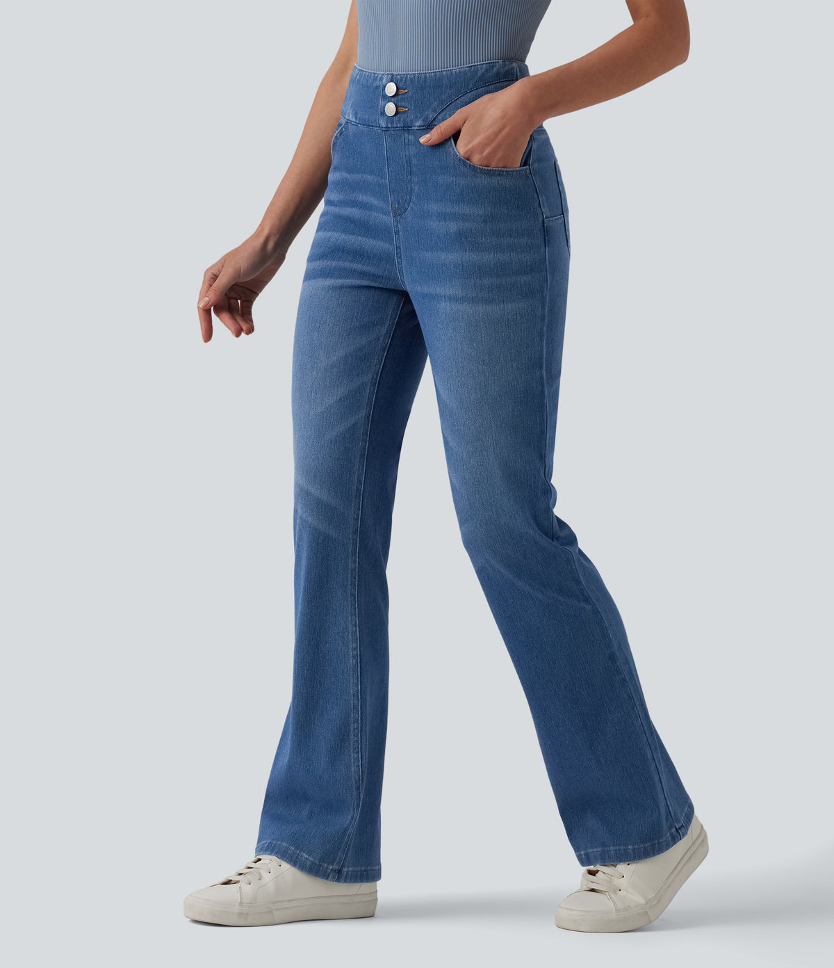 High Waisted Bootcut Denim Casual Leggings with Pockets — Blue Jasper Denim — view 7