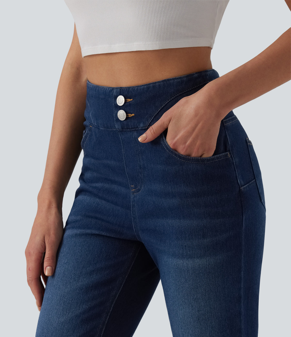 High Waisted Bootcut Denim Casual Leggings with Pockets — Pageant Blue Denim — view 4