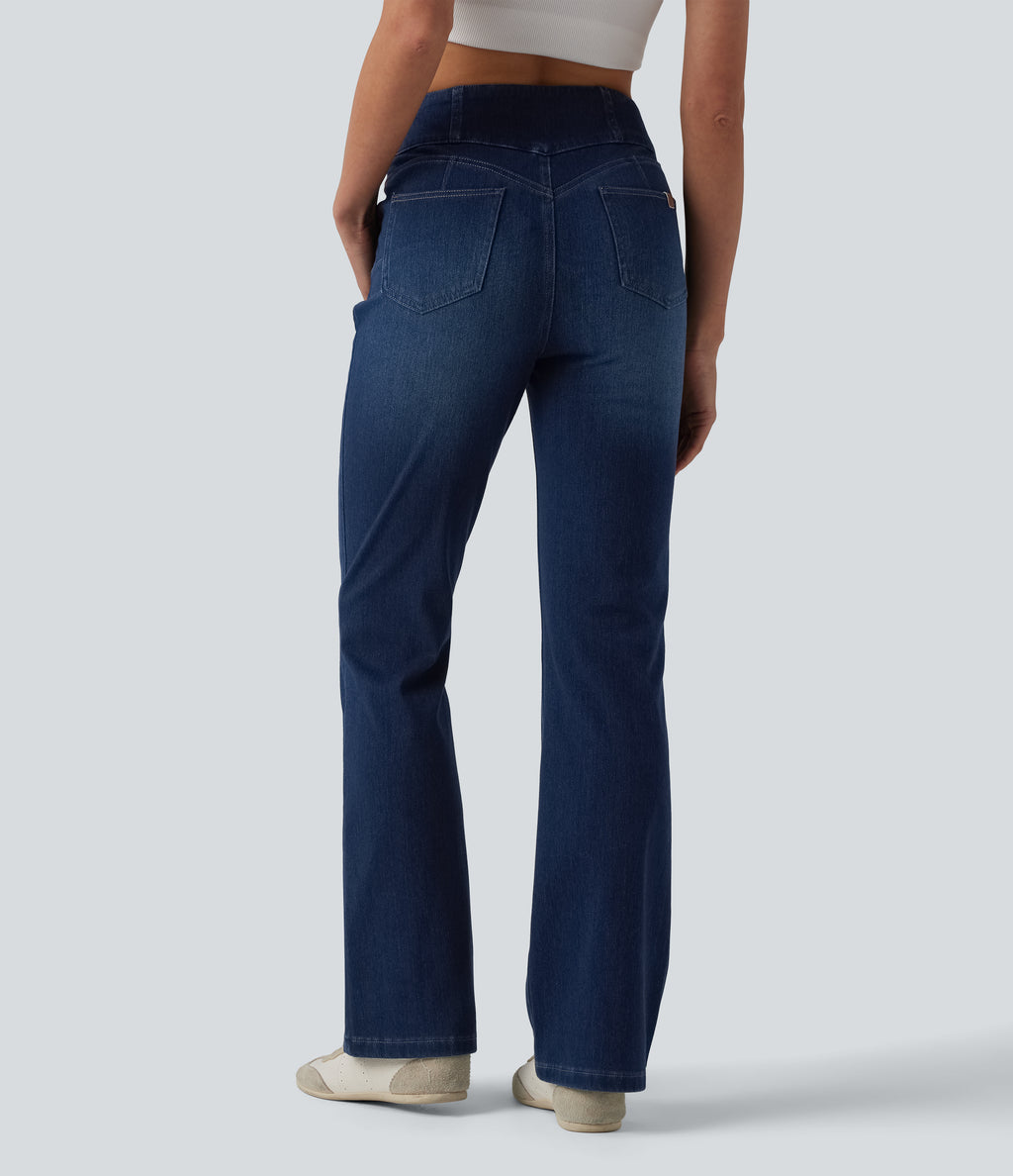 High Waisted Bootcut Denim Casual Leggings with Pockets — Pageant Blue Denim — view 2