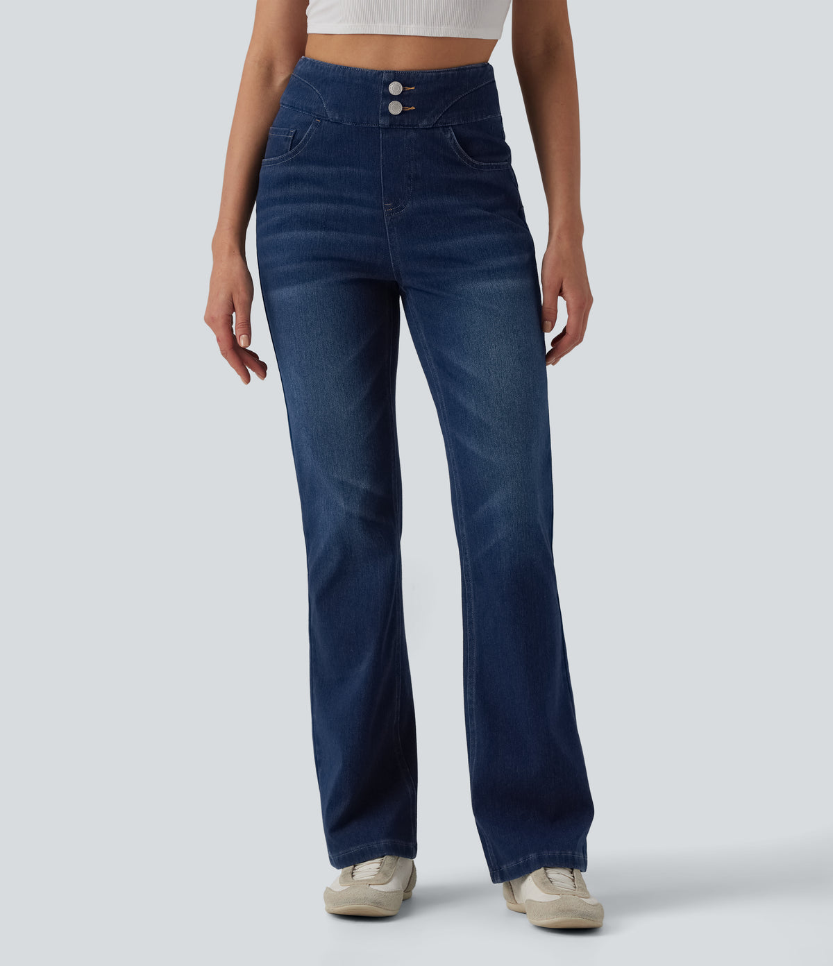High Waisted Bootcut Denim Casual Leggings with Pockets — Pageant Blue Denim — view 3