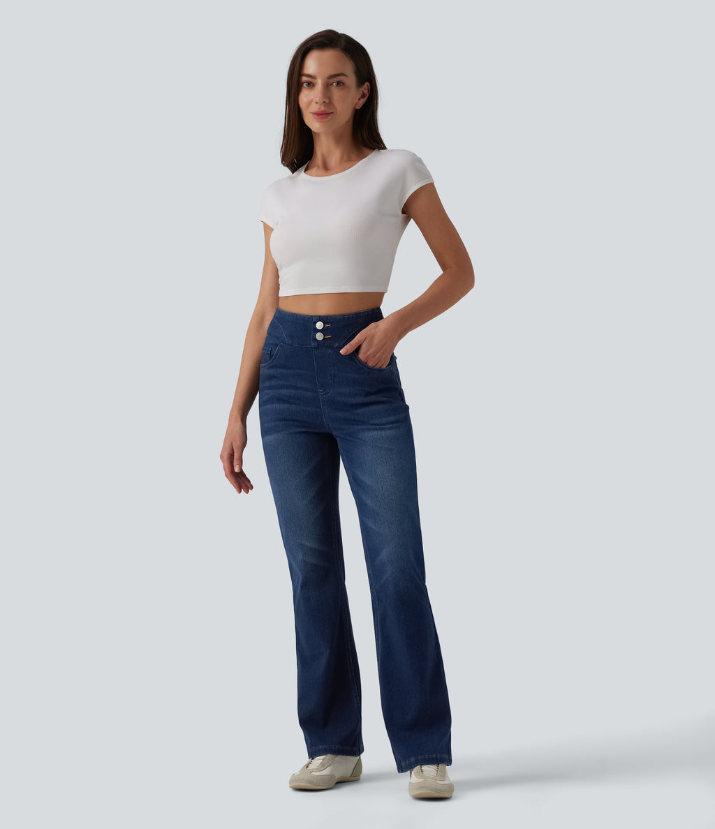 High Waisted Bootcut Denim Casual Leggings with Pockets — Pageant Blue Denim — view 6