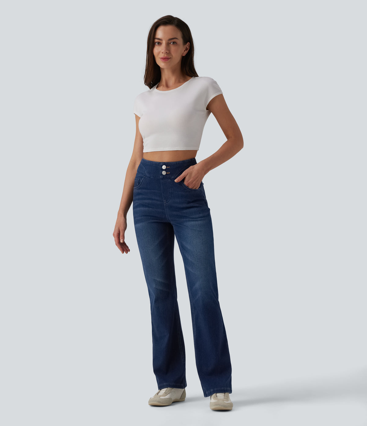 High Waisted Bootcut Denim Casual Leggings with Pockets — Pageant Blue Denim — view 6