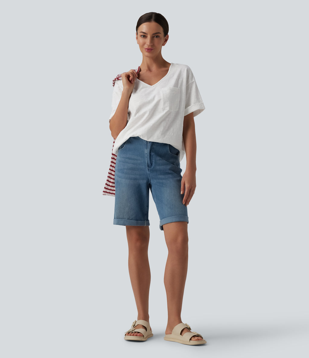 Sweetheart Neck Roll Short Sleeve Relaxed Casual Slubbed Cotton T-Shirt with Pocket — White — view 6