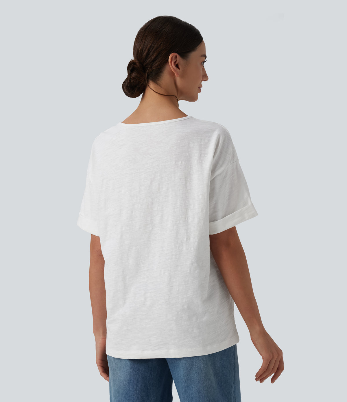 Sweetheart Neck Roll Short Sleeve Relaxed Casual Slubbed Cotton T-Shirt with Pocket — White — view 2