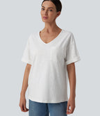 Sweetheart Neck Roll Short Sleeve Relaxed Casual Slubbed Cotton T-Shirt with Pocket — White — view 5