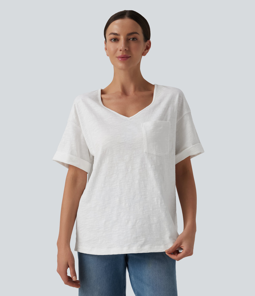 Sweetheart Neck Roll Short Sleeve Relaxed Casual Slubbed Cotton T-Shirt with Pocket — White — view 4