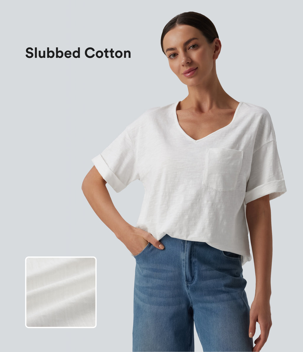 Sweetheart Neck Roll Short Sleeve Relaxed Casual Slubbed Cotton T-Shirt with Pocket — White — view 1