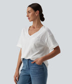 Sweetheart Neck Roll Short Sleeve Relaxed Casual Slubbed Cotton T-Shirt with Pocket — White — view 3