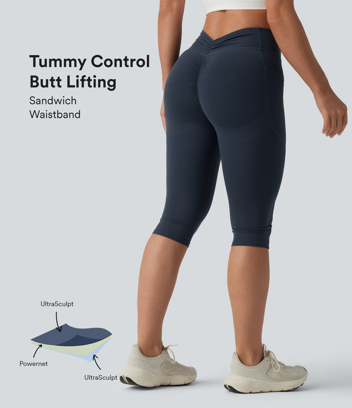 High Waisted Tummy Control Butt Lifting Ruched Pedal Pushers Shaping Yoga Leggings with Pockets — Carbon — view 1