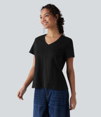 V-neck Short Sleeve Relaxed Casual Slubbed Cotton T-Shirt — Black — view 4