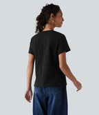 V-neck Short Sleeve Relaxed Casual Slubbed Cotton T-Shirt — Black — view 2