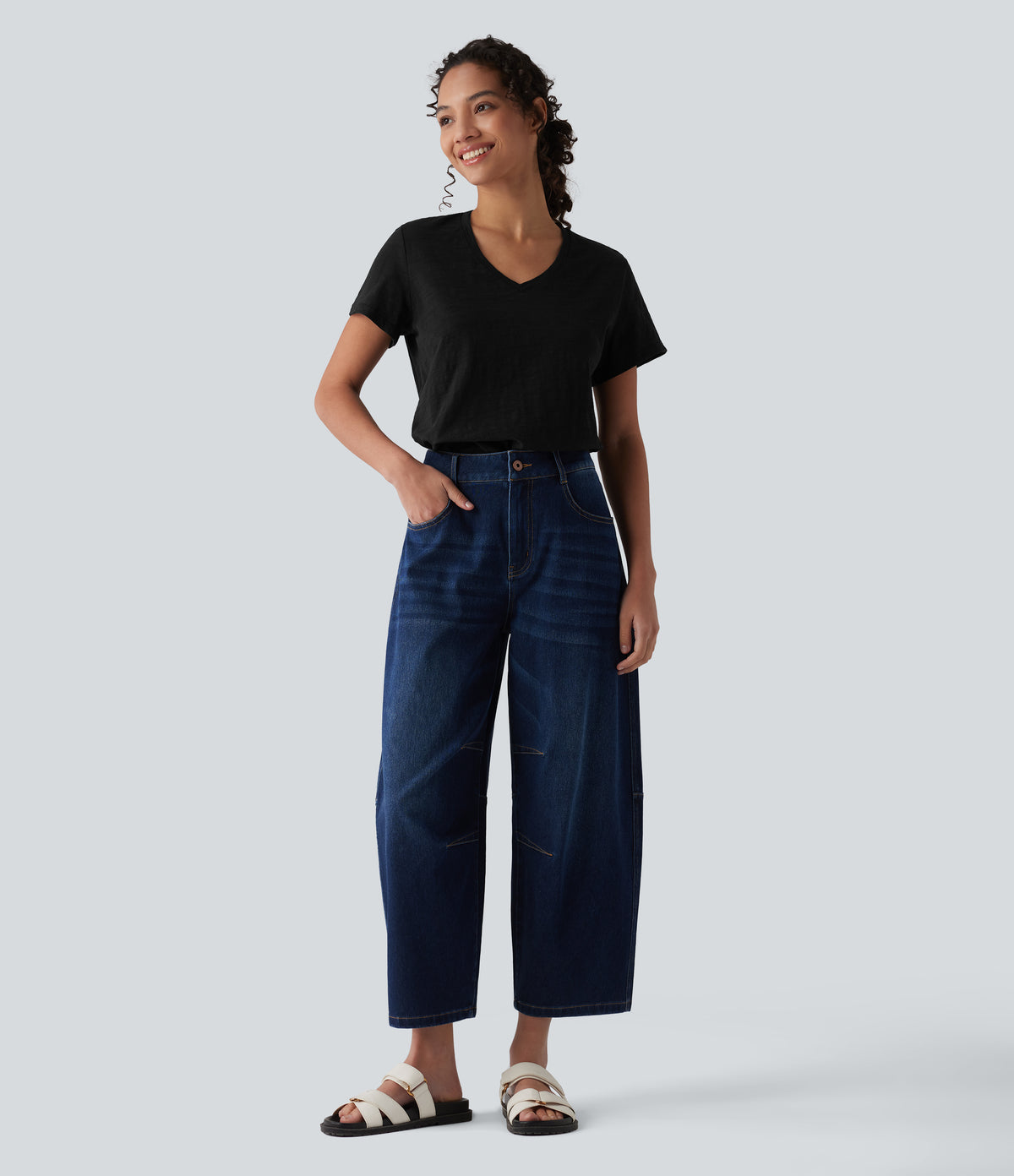 V-neck Short Sleeve Relaxed Casual Slubbed Cotton T-Shirt — Black — view 5