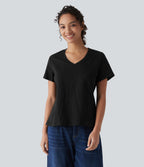 V-neck Short Sleeve Relaxed Casual Slubbed Cotton T-Shirt — Black — view 3