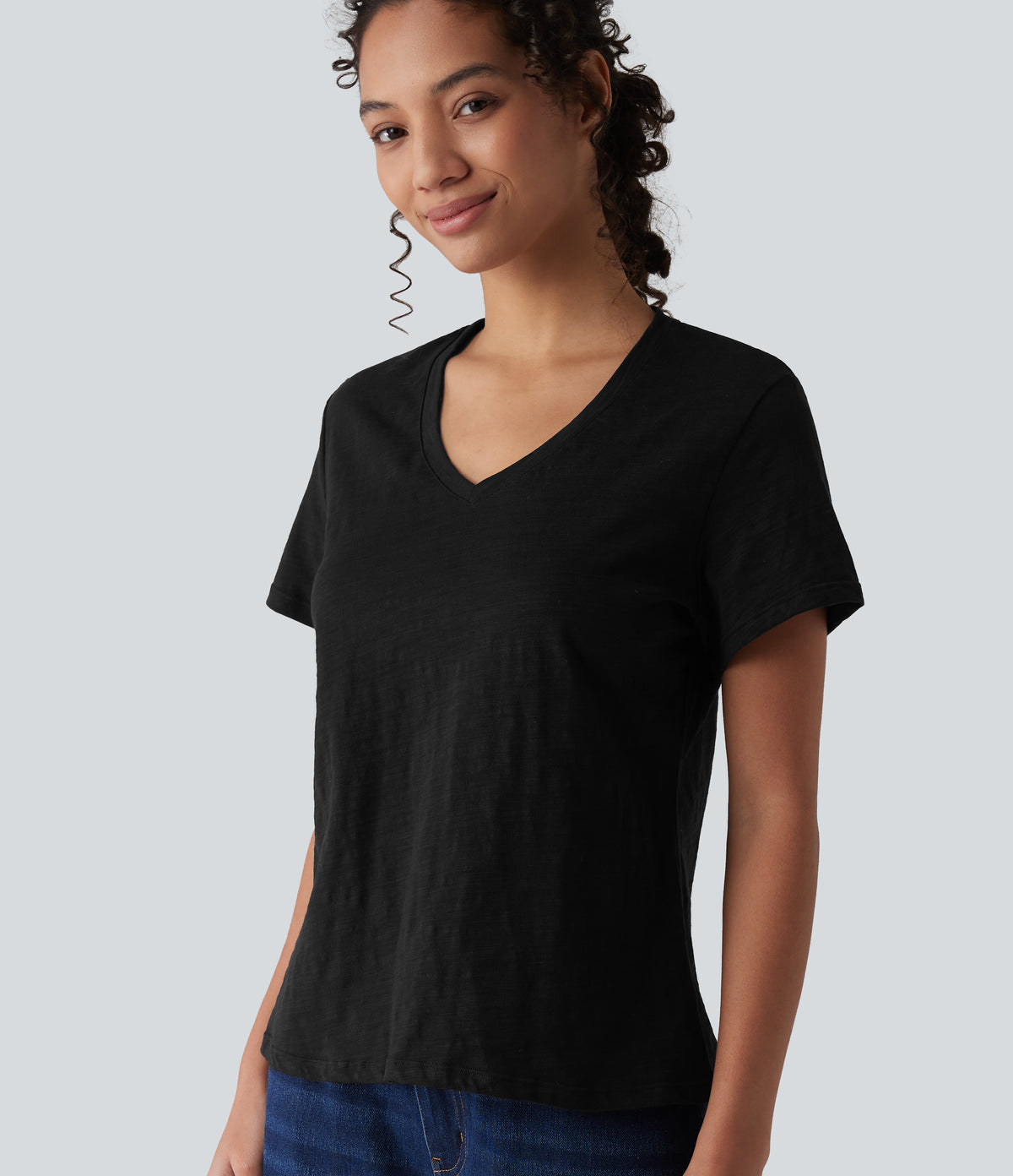 V-neck Short Sleeve Relaxed Casual Slubbed Cotton T-Shirt — Black — view 1