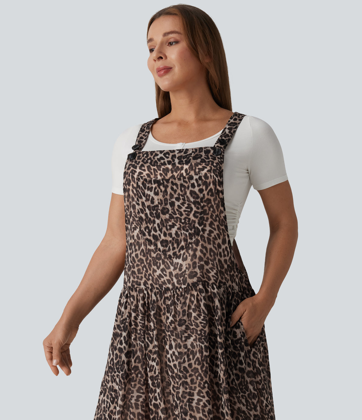 Adjustable Straps Plaid/Leopard Print Maxi Flowy Casual Pinafore Dress with Pockets — Fierce Tan — view 5