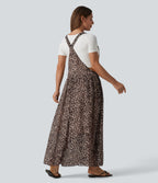 Adjustable Straps Plaid/Leopard Print Maxi Flowy Casual Pinafore Dress with Pockets — Fierce Tan — view 2