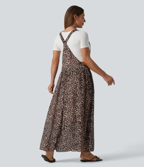Adjustable Straps Plaid/Leopard Print Maxi Flowy Casual Pinafore Dress with Pockets — Fierce Tan — view 2