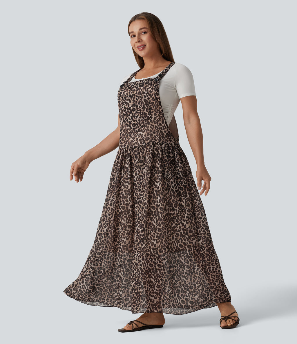 Adjustable Straps Plaid/Leopard Print Maxi Flowy Casual Pinafore Dress with Pockets — Fierce Tan — view 1