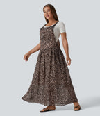 Adjustable Straps Plaid/Leopard Print Maxi Flowy Casual Pinafore Dress with Pockets — Fierce Tan — view 1