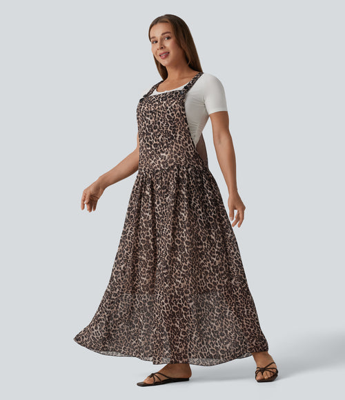 Adjustable Straps Plaid/Leopard Print Maxi Flowy Casual Pinafore Dress with Pockets — Fierce Tan — view 1