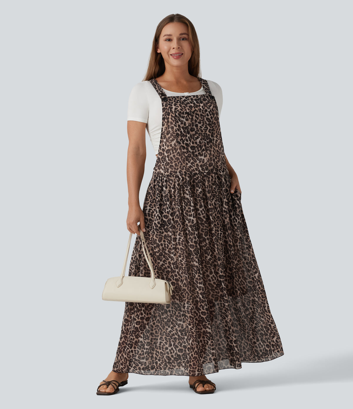 Adjustable Straps Plaid/Leopard Print Maxi Flowy Casual Pinafore Dress with Pockets — Fierce Tan — view 7