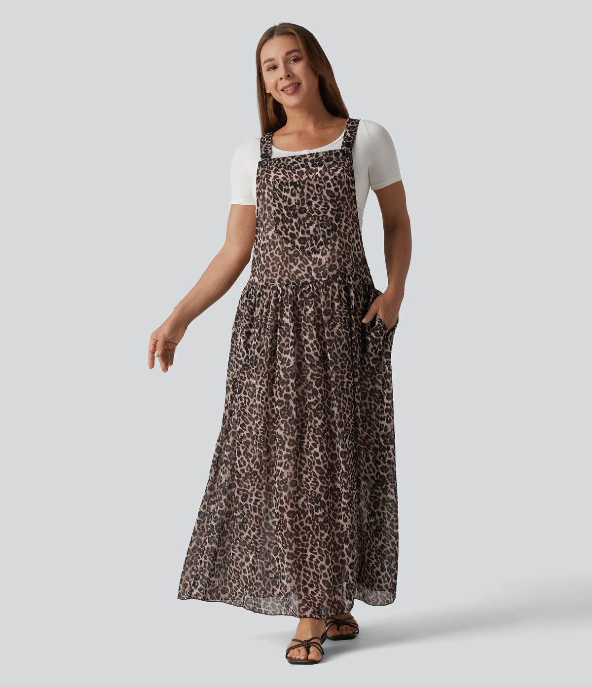 Adjustable Straps Plaid/Leopard Print Maxi Flowy Casual Pinafore Dress with Pockets — Fierce Tan — view 3