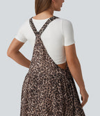 Adjustable Straps Plaid/Leopard Print Maxi Flowy Casual Pinafore Dress with Pockets — Fierce Tan — view 6