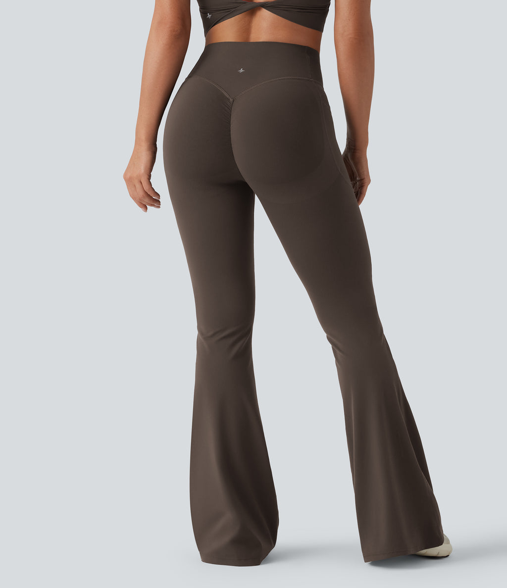 High Waisted Scrunch Butt Lifting Tummy Control Shaping Yoga Flare Leggings with Pockets — Hot Fudge — view 2