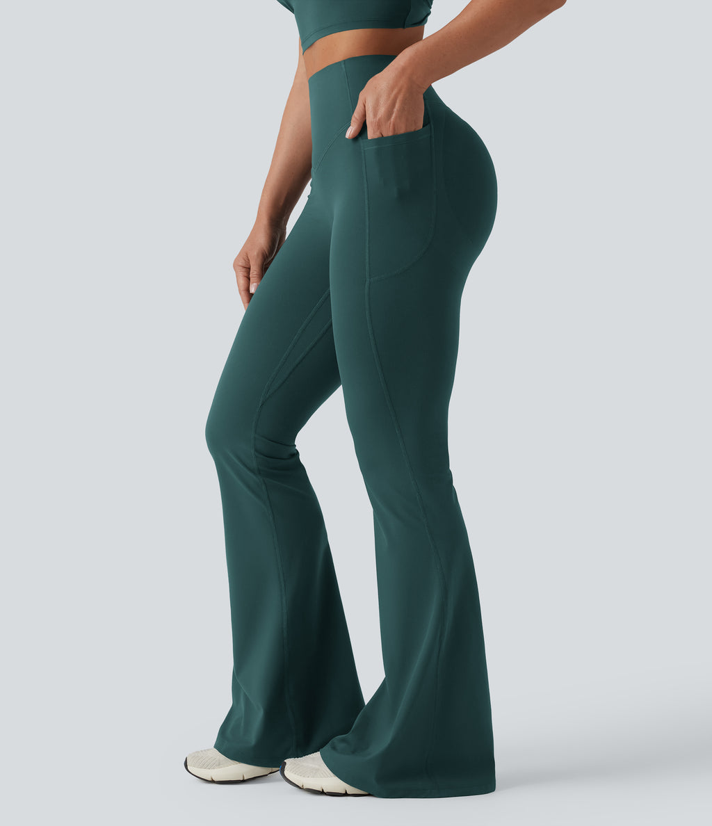 High Waisted Scrunch Butt Lifting Tummy Control Shaping Yoga Flare Leggings with Pockets — June Bug — view 6
