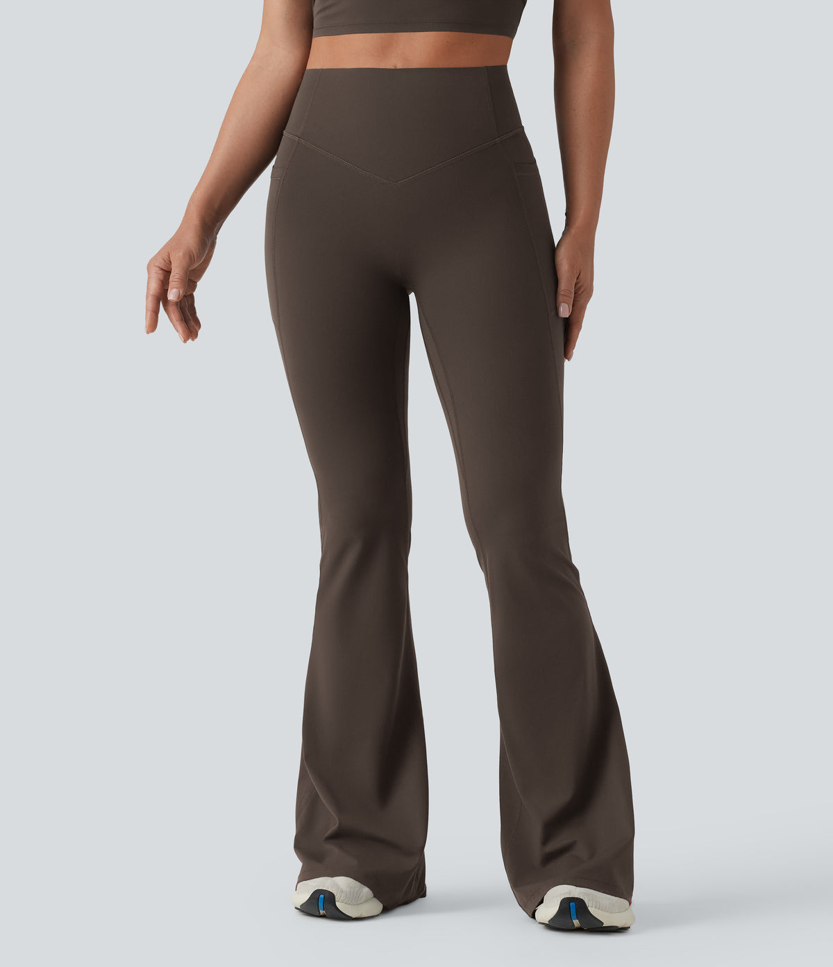High Waisted Scrunch Butt Lifting Tummy Control Shaping Yoga Flare Leggings with Pockets — Hot Fudge — view 3