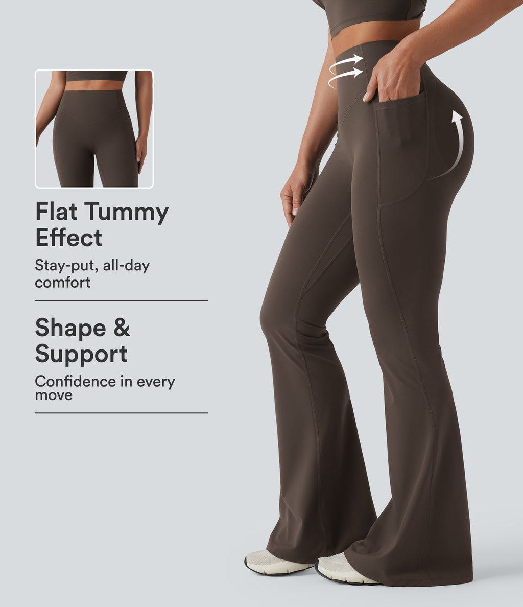 High Waisted Scrunch Butt Lifting Tummy Control Shaping Yoga Flare Leggings with Pockets — Hot Fudge — view 1