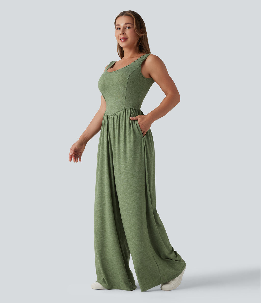 U Neck Wide Leg Casual Jumpsuit with Pockets-Edition — Light Green Floral Yarn — view 3