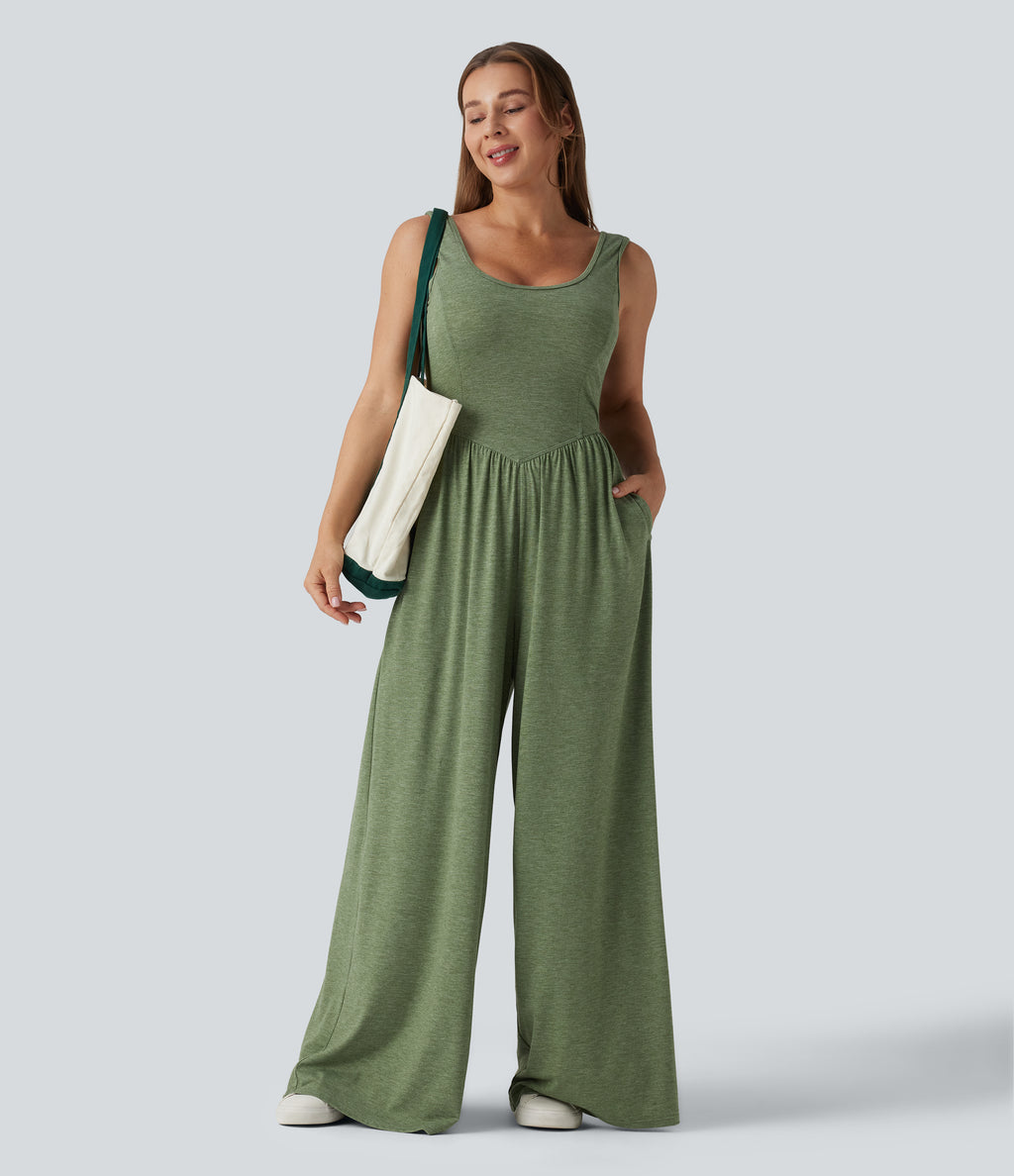 U Neck Wide Leg Casual Jumpsuit with Pockets-Edition — Light Green Floral Yarn — view 6