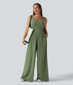 U Neck Wide Leg Casual Jumpsuit with Pockets-Edition — Light Green Floral Yarn — view 6