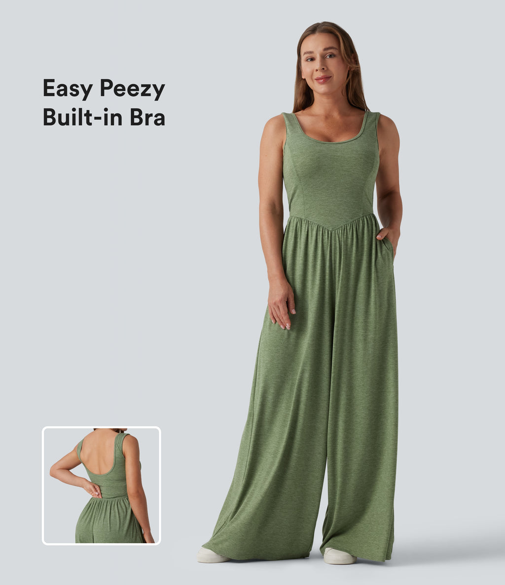 U Neck Wide Leg Casual Jumpsuit with Pockets-Edition — Light Green Floral Yarn — view 1