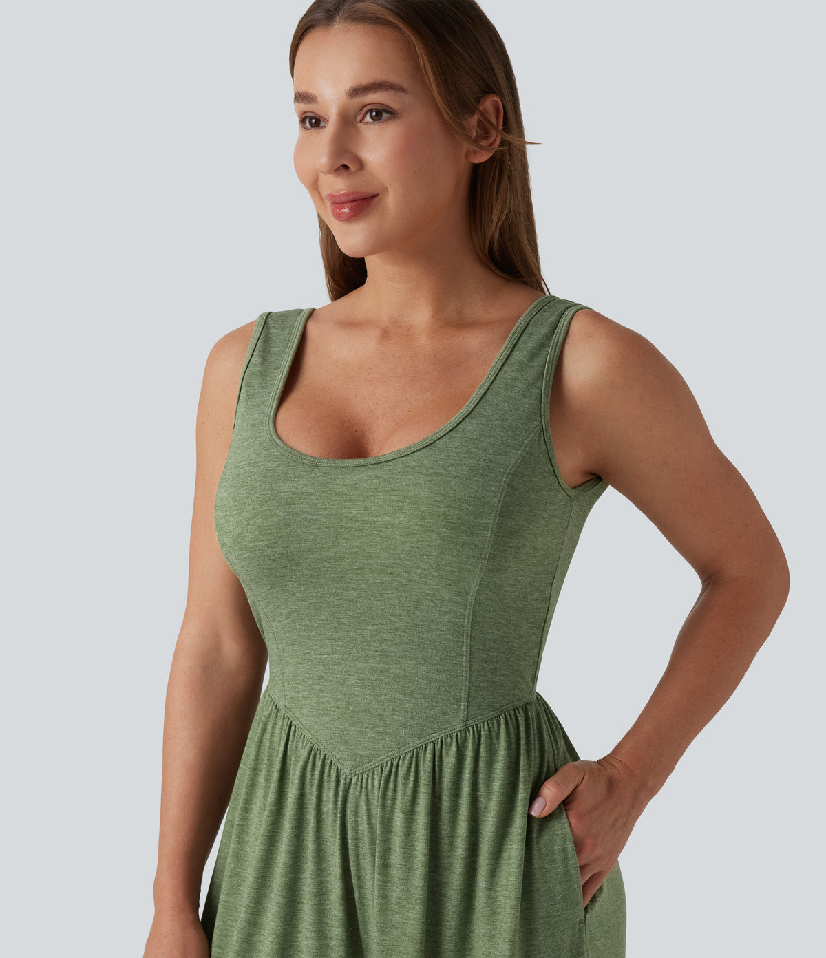 U Neck Wide Leg Casual Jumpsuit with Pockets-Edition — Light Green Floral Yarn — view 4