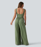 U Neck Wide Leg Casual Jumpsuit with Pockets-Edition — Light Green Floral Yarn — view 2