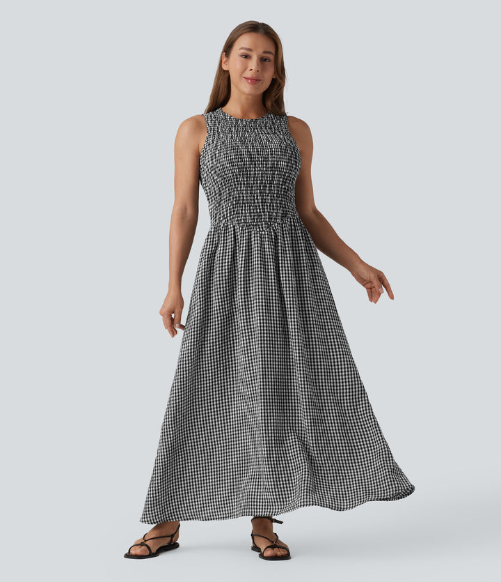 Round Neck Sleeveless Shirred Plaid Flowy Midi Casual Linen-Feel Dress with Pockets — Classic Mono — view 1