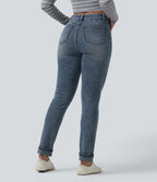 High Waisted Rolled Hem Casual Slim Jeans with Pockets — Coronet Blue Denim — view 2