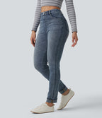 High Waisted Rolled Hem Casual Slim Jeans with Pockets — Coronet Blue Denim — view 1