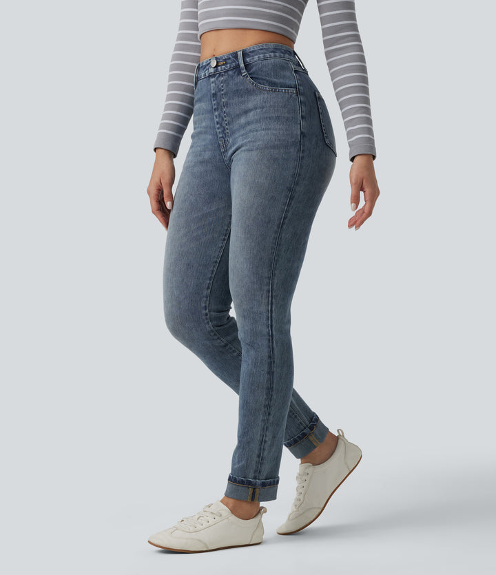 High Waisted Rolled Hem Casual Slim Jeans with Pockets — Coronet Blue Denim — view 1