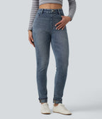 High Waisted Rolled Hem Casual Slim Jeans with Pockets — Coronet Blue Denim — view 3