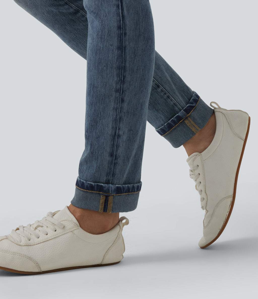 High Waisted Rolled Hem Casual Slim Jeans with Pockets — Coronet Blue Denim — view 6