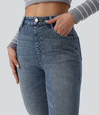 High Waisted Rolled Hem Casual Slim Jeans with Pockets — Coronet Blue Denim — view 4